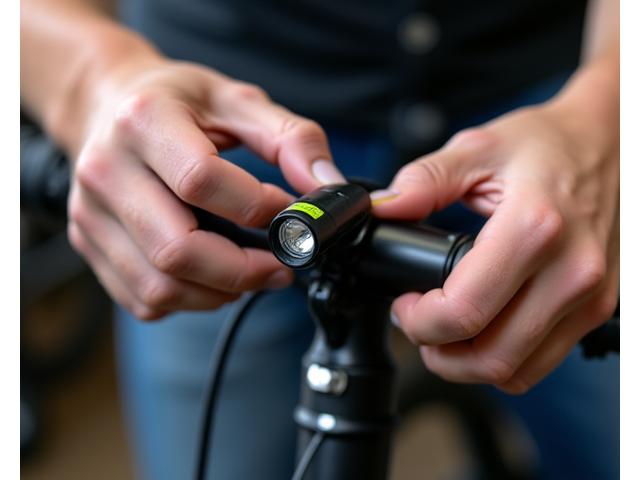 Person demonstrating quick-mount bike light installation on handlebars.