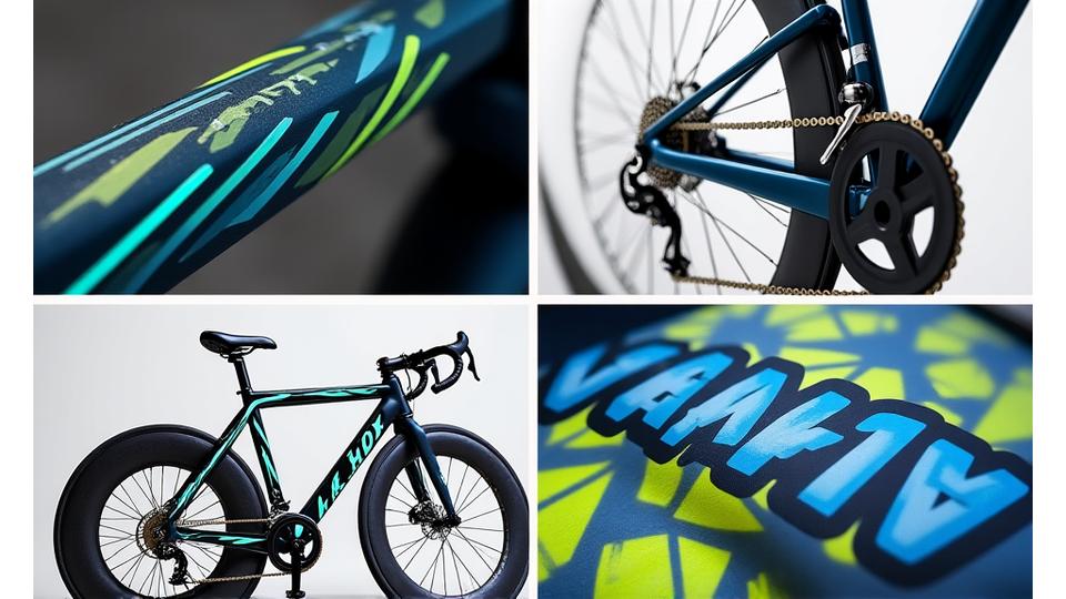 Collage of diverse custom bike sticker designs: geometric patterns, reflective stripes, personalized names, and bike brand logos