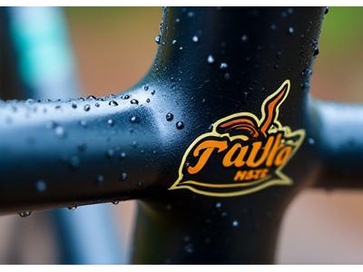 Close-up of a vinyl sticker resisting water droplets on a bike frame