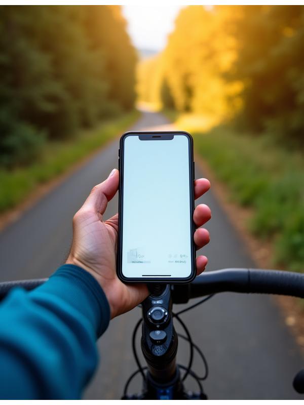 Cyclist on a mountain bike, pausing to check their phone, with vibrant green and blue hues, representing connectivity and outdoor adventure.